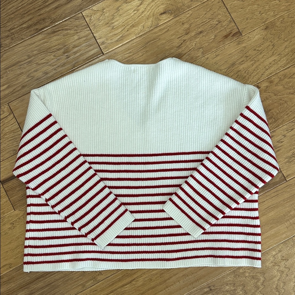 Mango White and Red Striped V-Neck Sweater - Picture 2 of 7